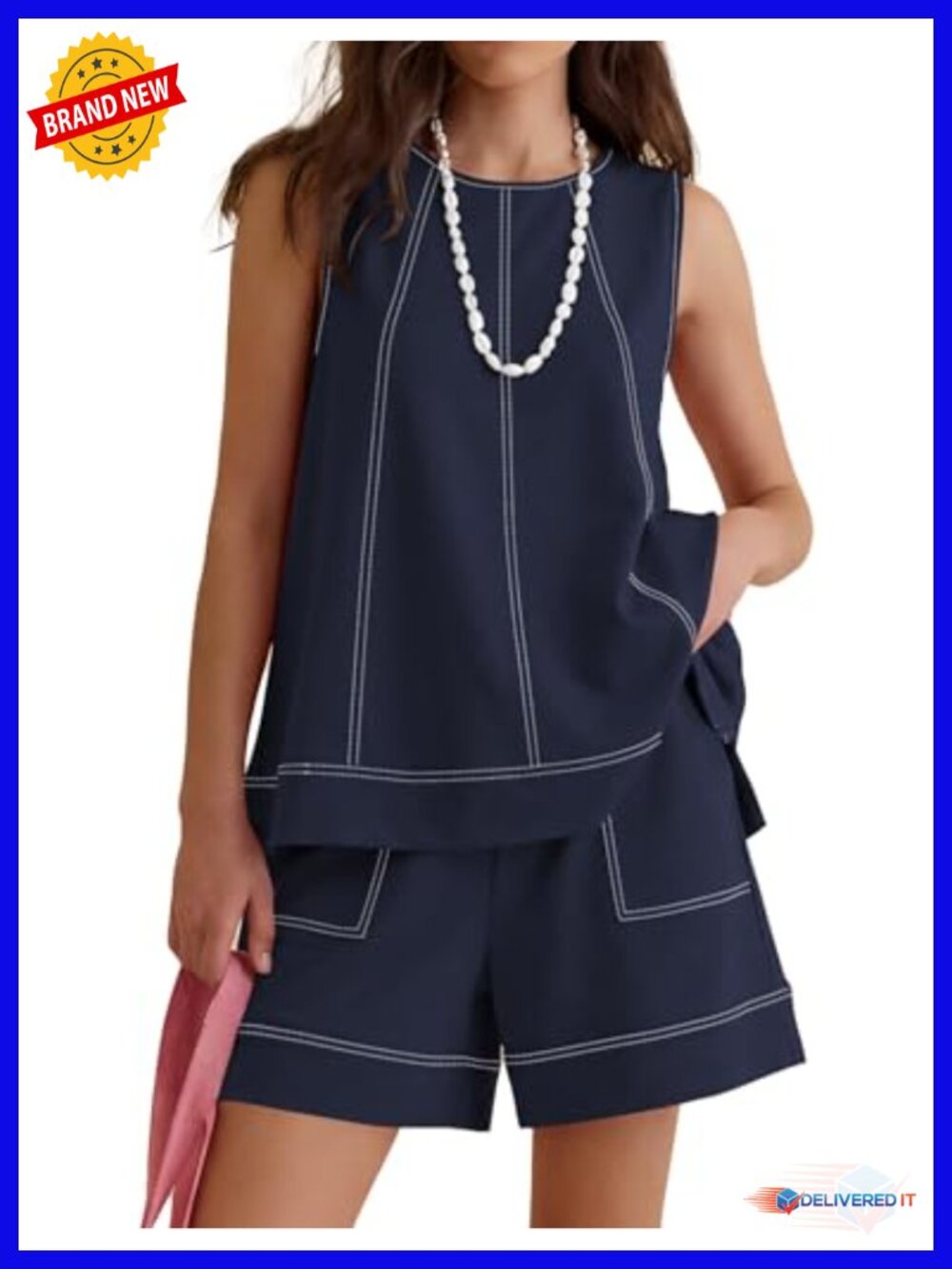 Womens Two Piece Short Set Sleeveless Tank Top Drawstring Elastic Waist Shorts